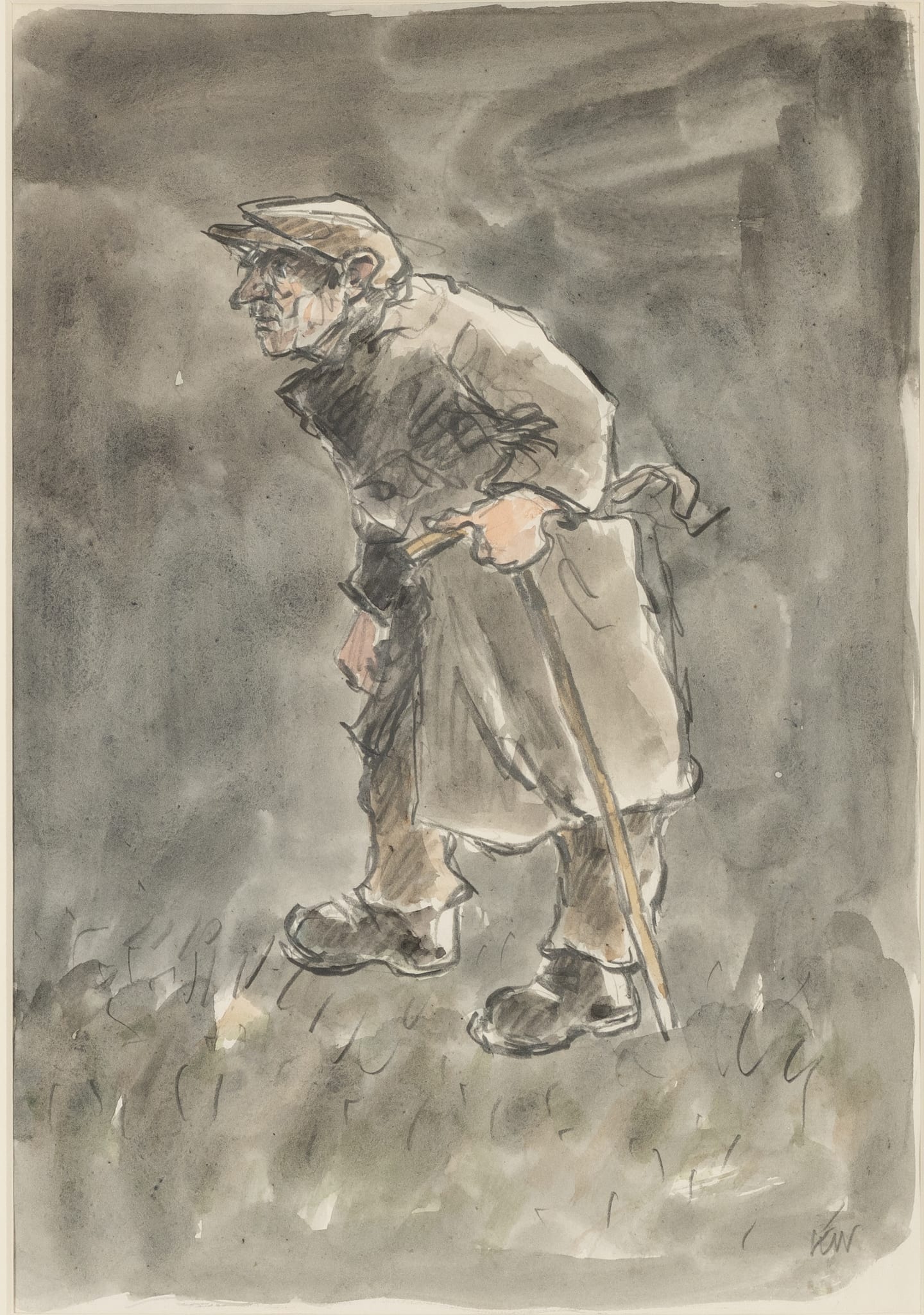 Farmer in Overcoat with Walking Stick