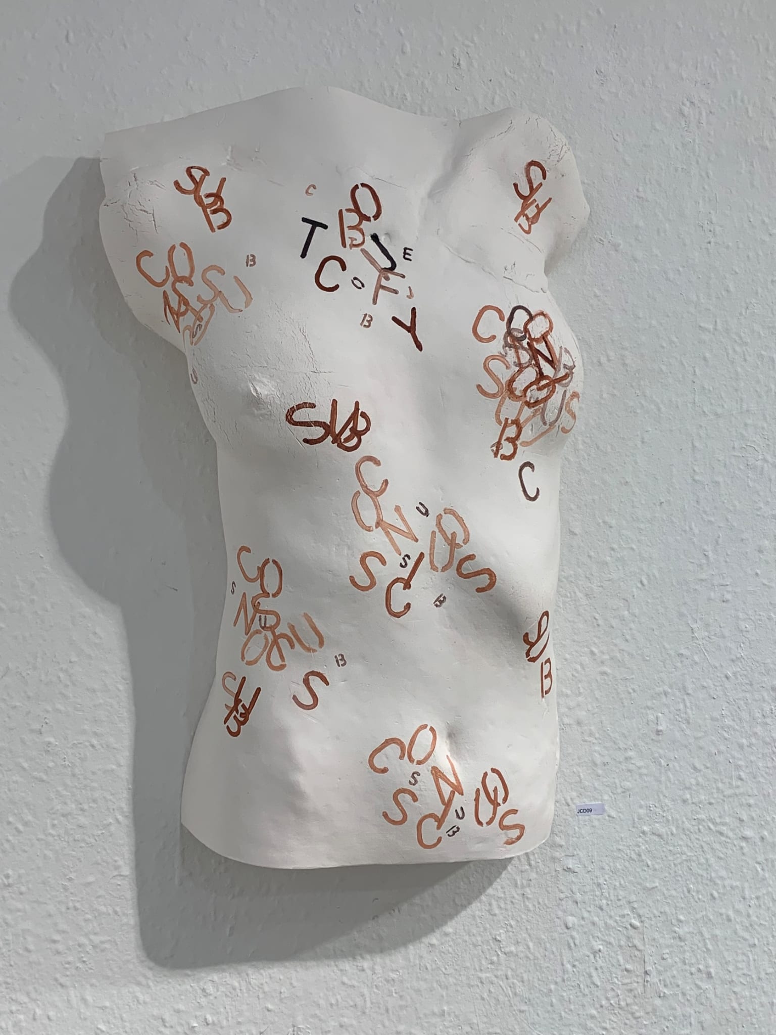 Female torso with iron oxide text